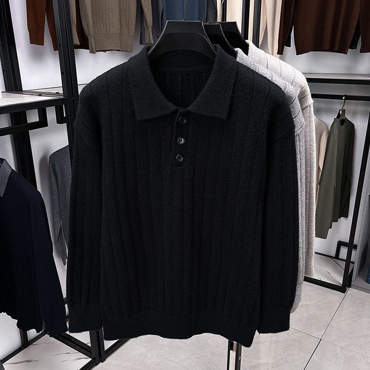 Men's Vertical Striped Knit Sweater Solid Color Fashion Casual Polo Top
