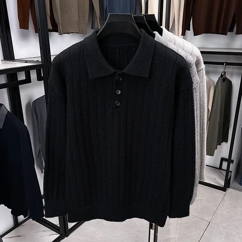 Maglione da uomo a righe verticali in tinta unita, polo casual alla moda