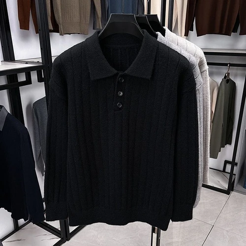 Men's Vertical Striped Knit Sweater Solid Color Fashion Casual Polo Top