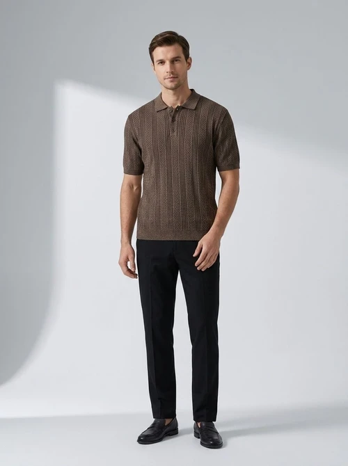 Polo da uomo marrone in maglia - Maniche corte a righe a zigzag