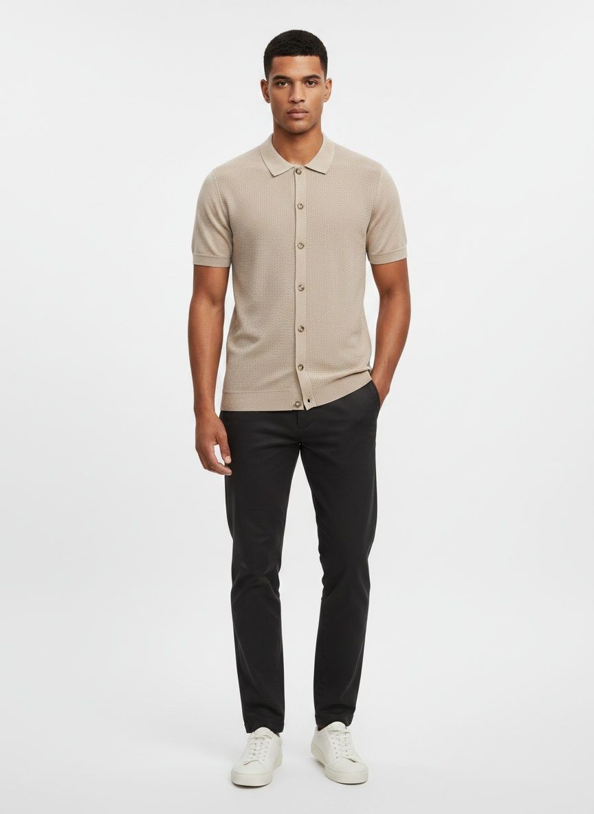 Cardigan polo da uomo a maniche corte in maglia testurizzata beige