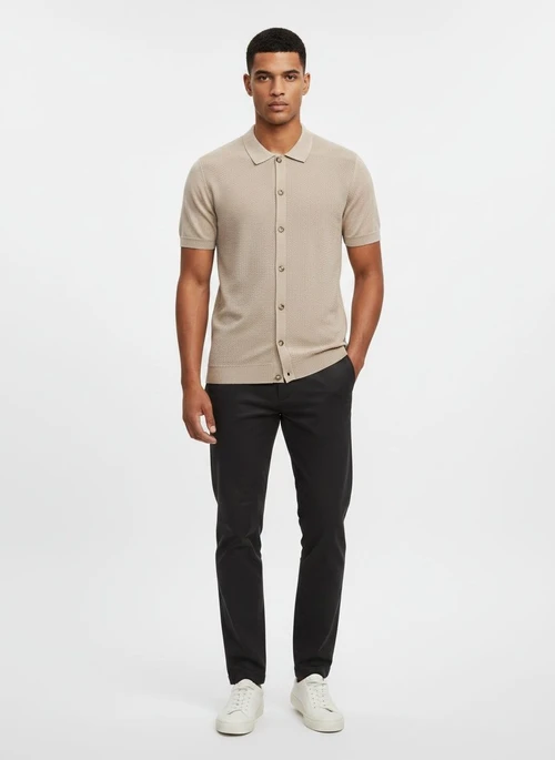 Cardigan polo da uomo a maniche corte in maglia testurizzata beige