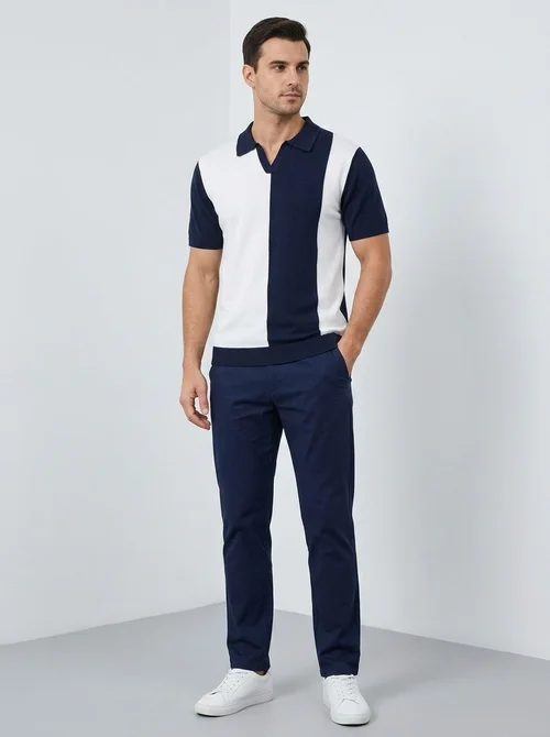 Polo homme en maille color block - Manches courtes - Col V