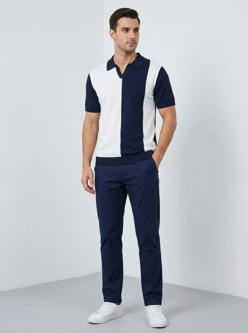 Men's Color Block Knit Polo Shirt - Short Sleeve V-Neck