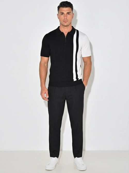Men's Striped Knit Polo Shirt with Zipper