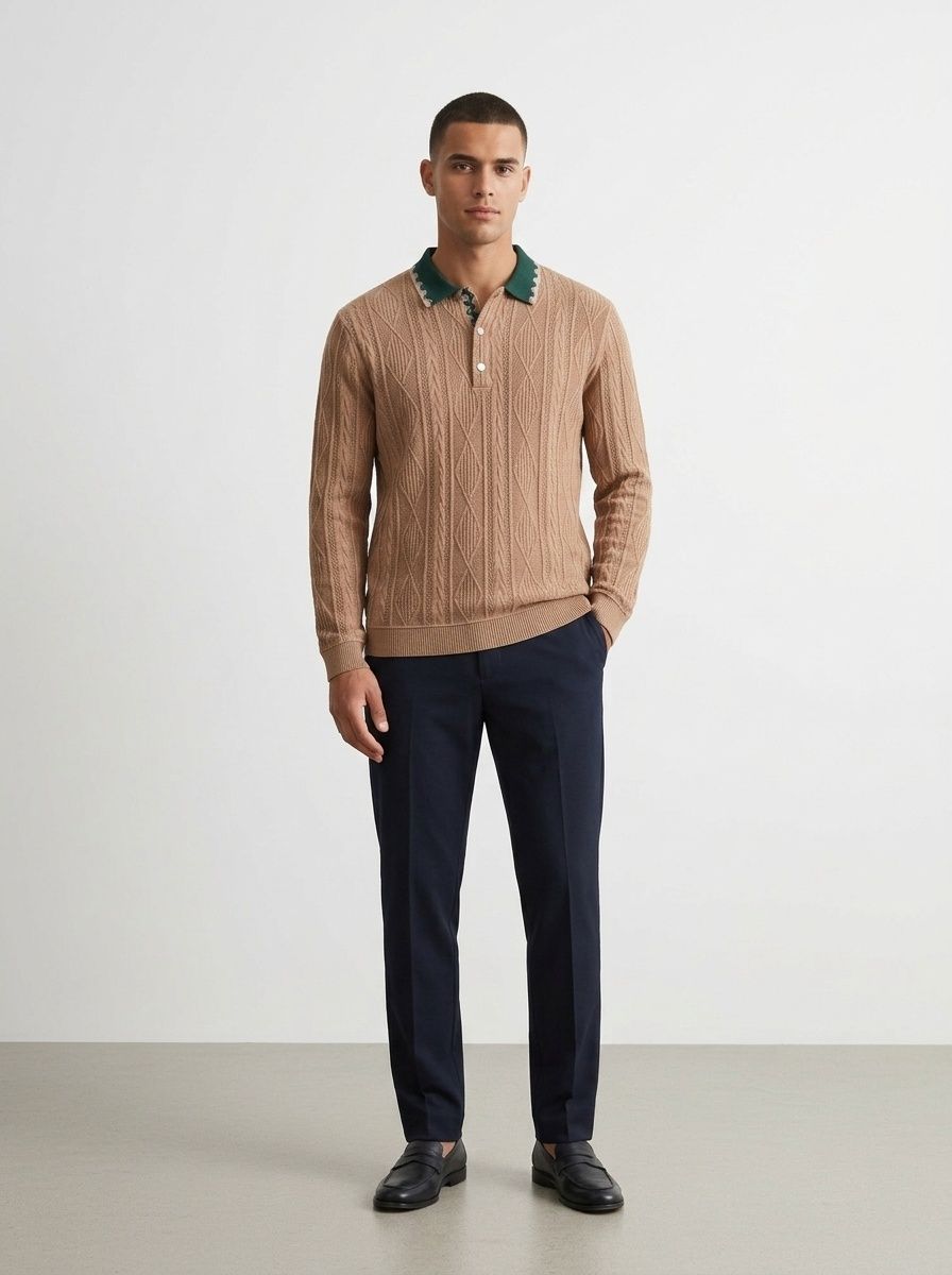 Men's Textured Knit Long Sleeve Polo Shirt