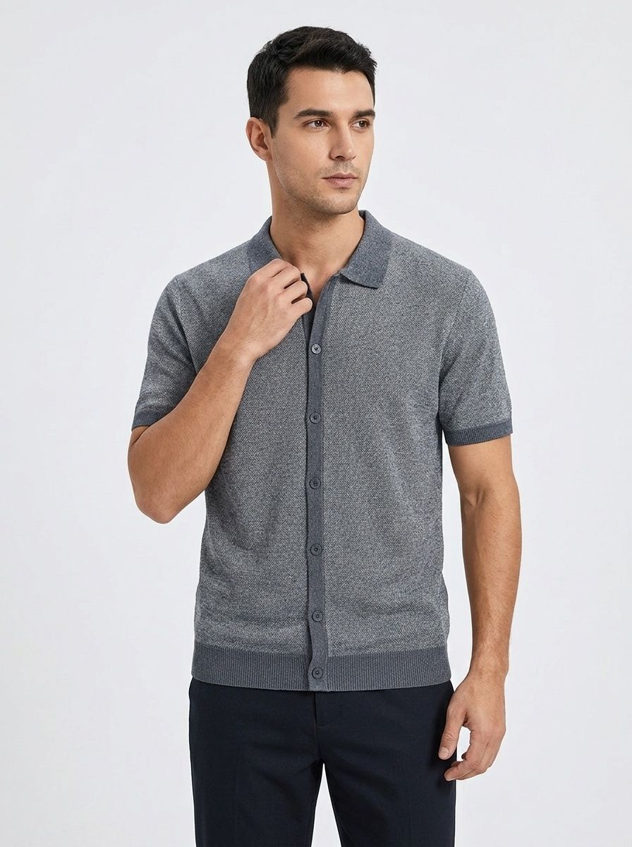 Men's Knit Short Sleeve Polo Cardigan Shirt
