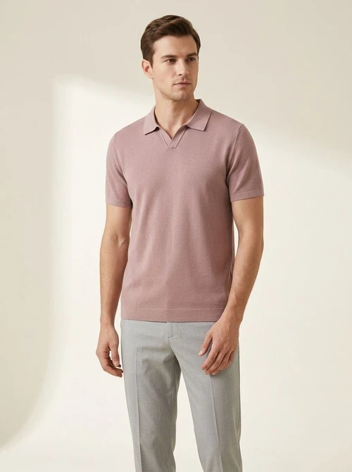 Men's Knitted V-Neck Polo Shirt - Short Sleeve Comfort
