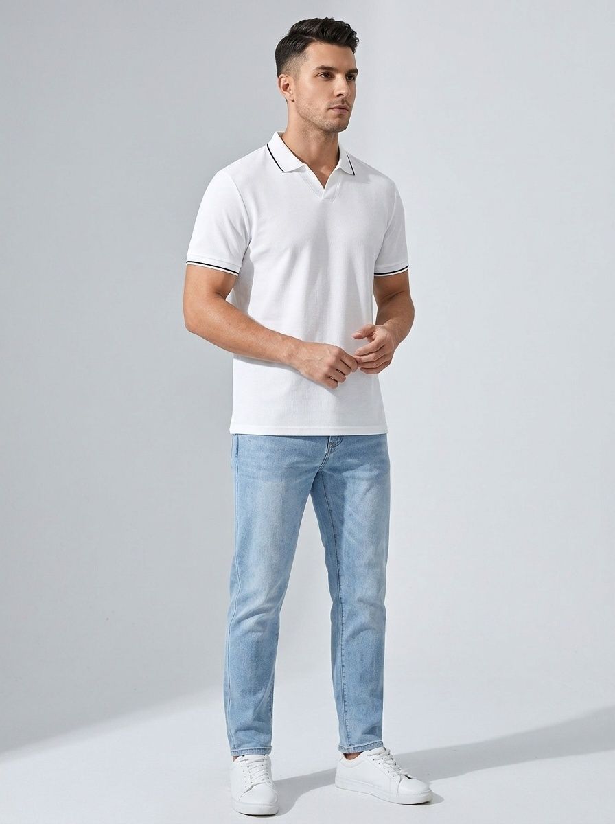 Polo décontracté à col en V pour homme - Haut en maille à manches courtes