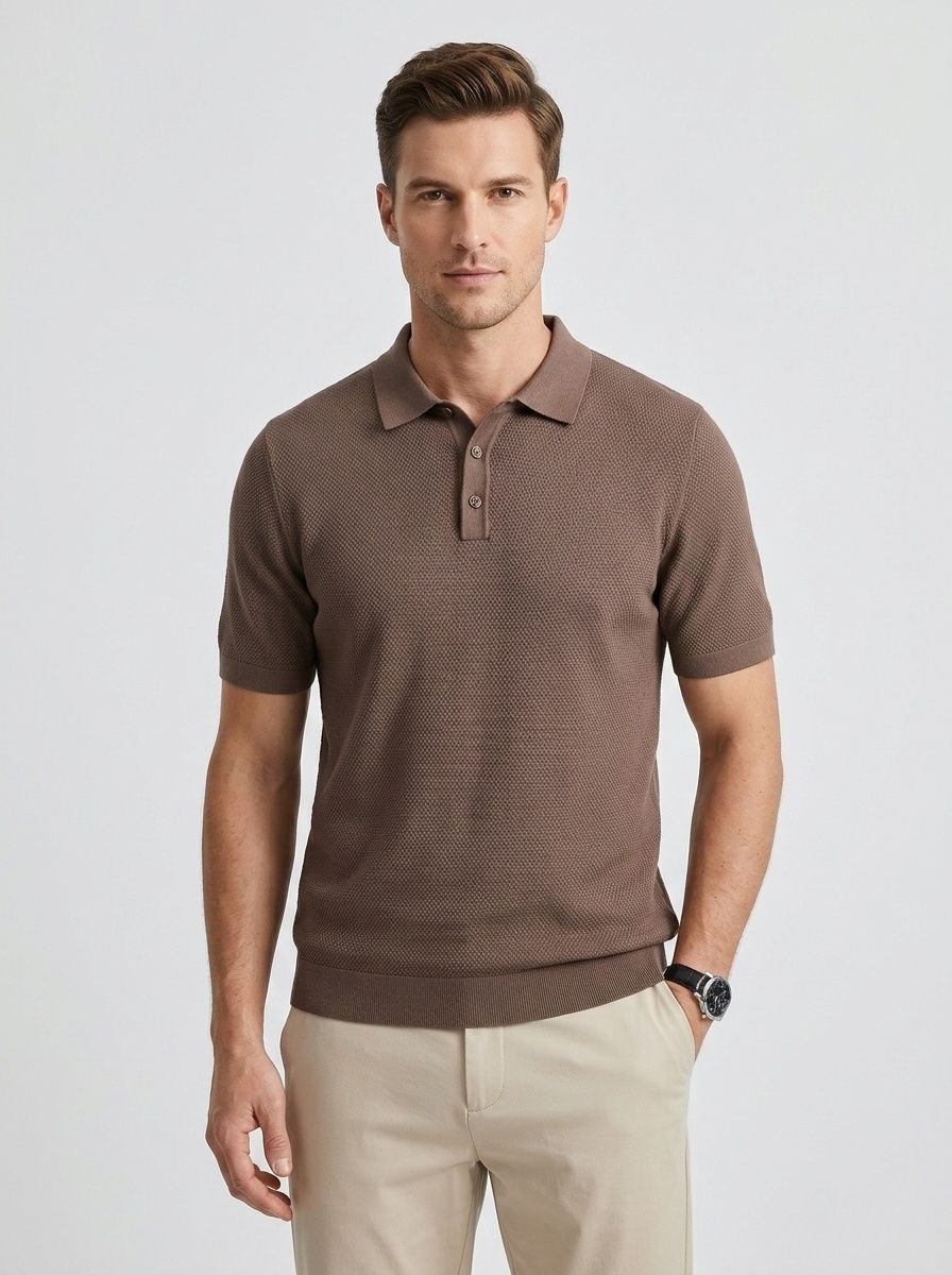 Men's Knitted Polo Shirt - Short Sleeve Textured Comfort