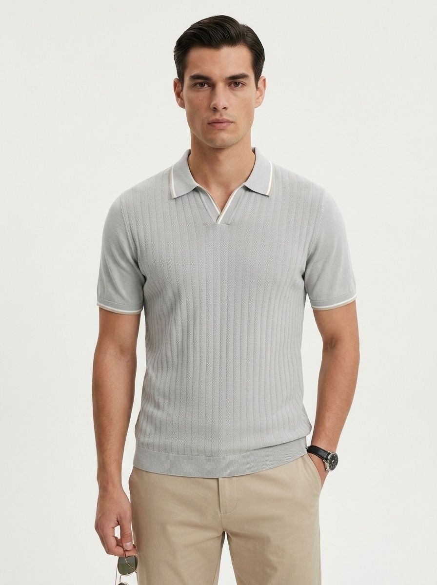 Men's Knitted V-Neck Short Sleeve Polo Shirt
