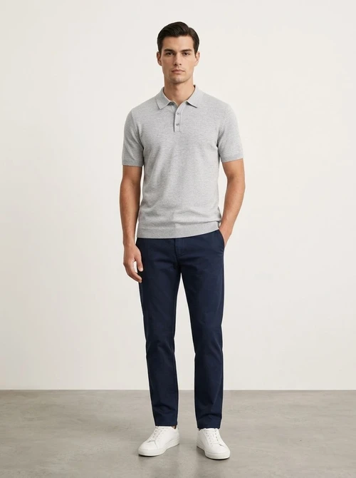 Men's Knitted Short Sleeve Polo Shirt - Casual & Breathable