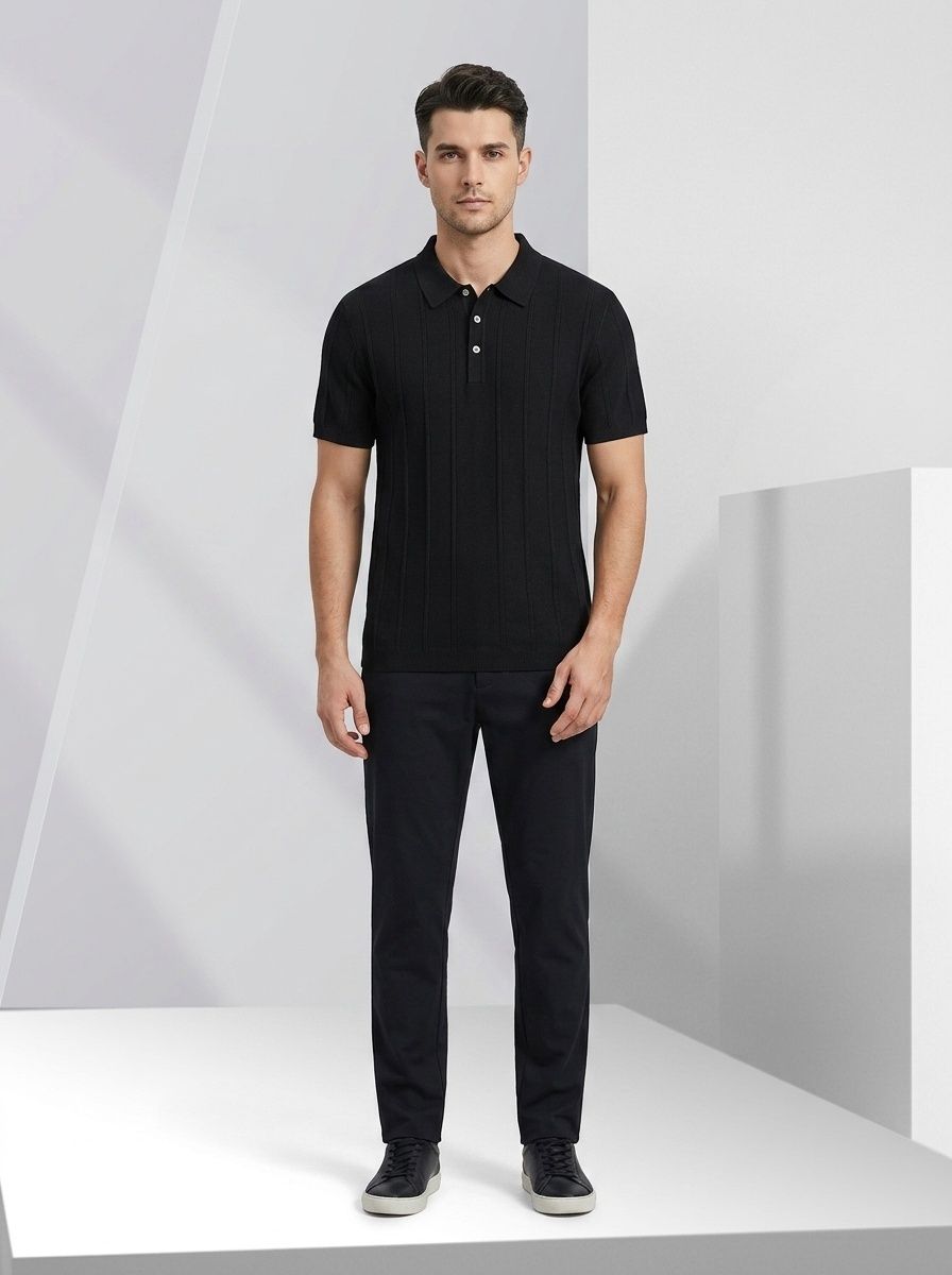 Men's Knitted Ribbed Polo Shirt - Short Sleeve Casual Top