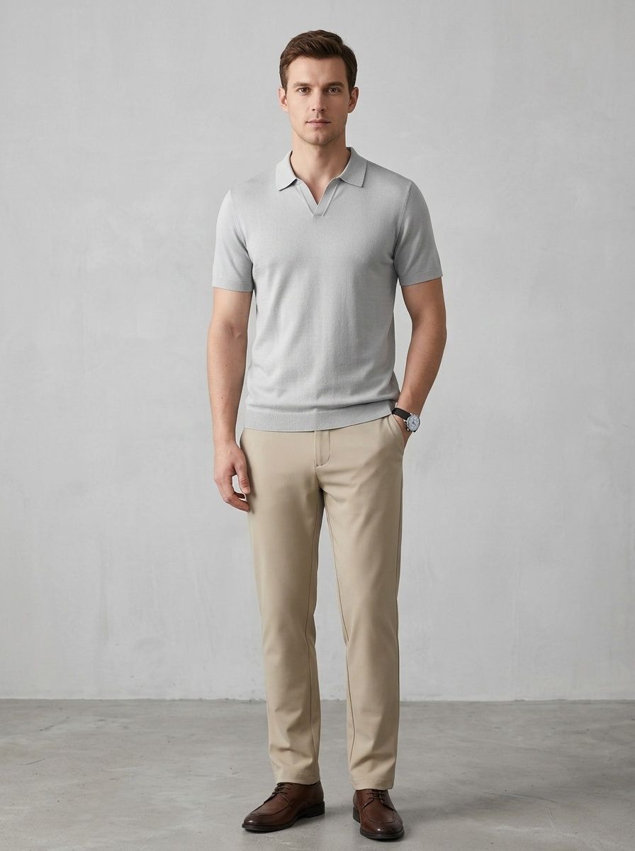 Men's Knitted Polo Shirt - Short Sleeve V-Neck