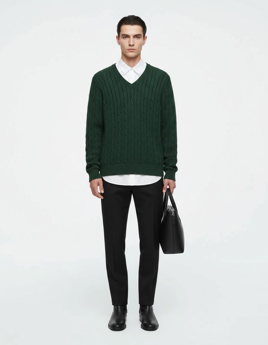 Men's V-Neck Cable Knit Sweater Casual Cotton Pullover Knitwear