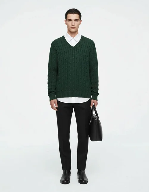 Maglione da uomo a trecce con scollo a V, casual, in cotone, pullover.
