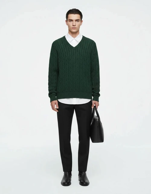 Men's V-Neck Cable Knit Sweater Casual Cotton Pullover Knitwear