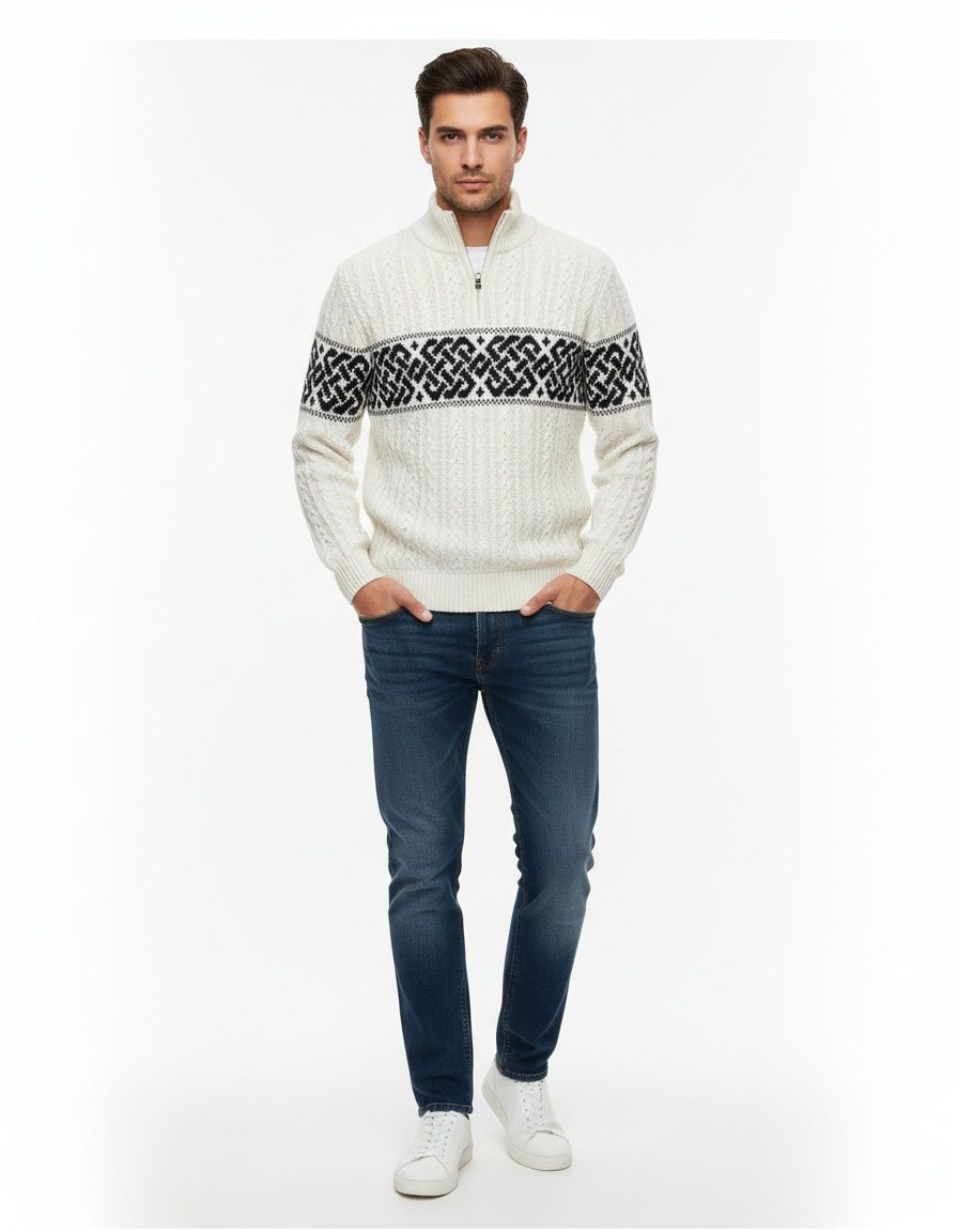 Men's Heavy Jacquard Half-Zip Pullover Slim Fit Knit Sweater