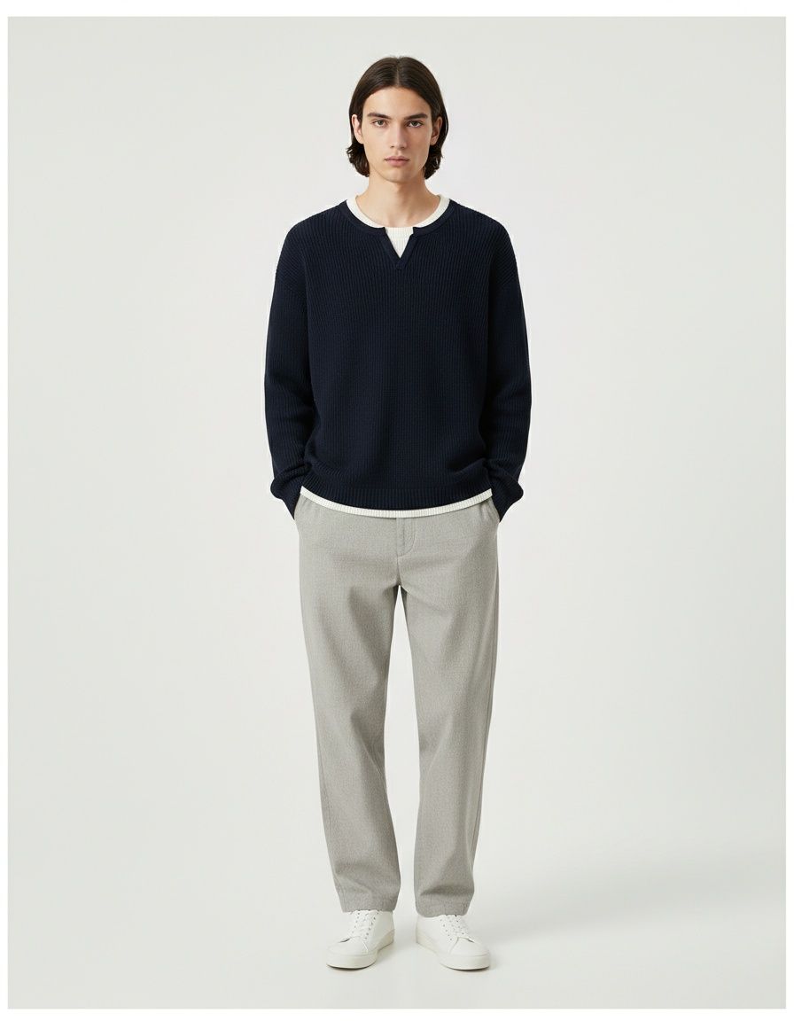 Men's 2-in-1 Casual Knit Sweater Loose Fit Pullover Base Layer