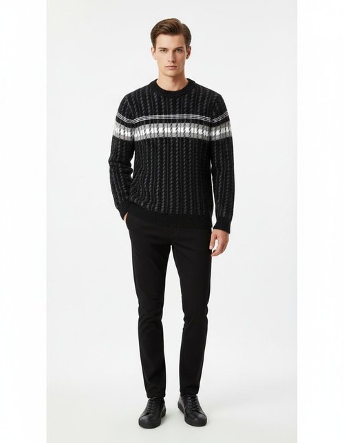 Maglione girocollo da uomo a maniche lunghe, maglia a coste per mezza età