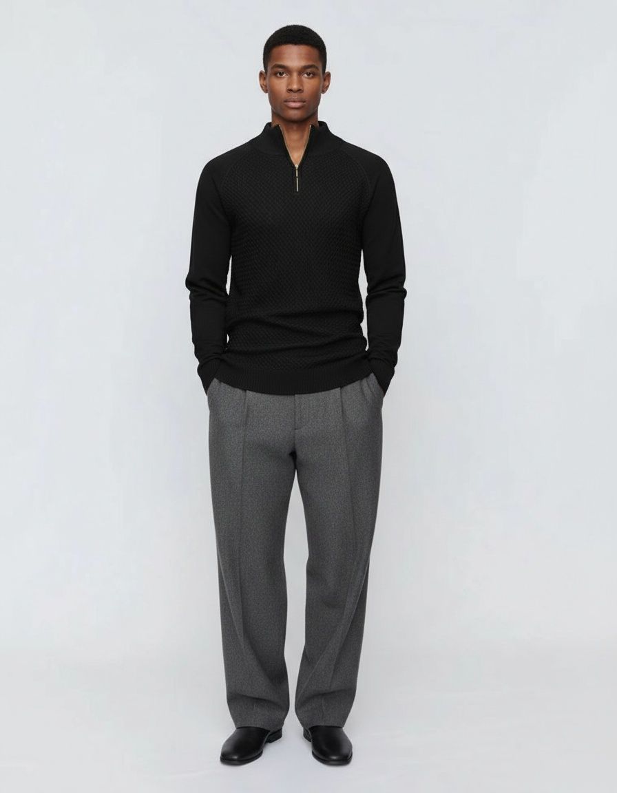 Men's Mock Neck Zip Knit Sweater Solid Color Long Sleeve Pullover