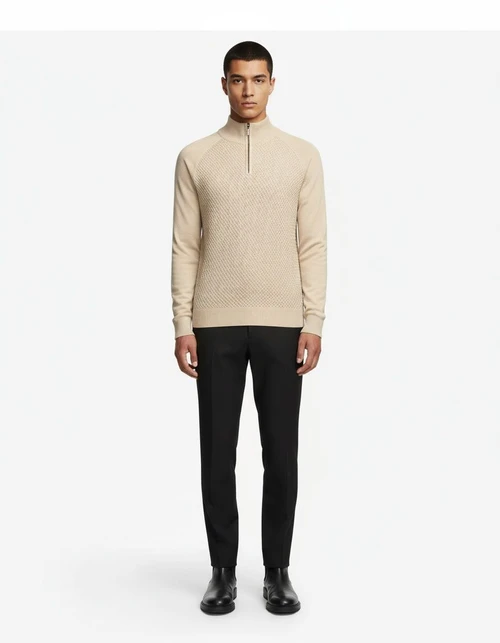 Men's Mock Neck Zip Knit Sweater Solid Color Long Sleeve Pullover