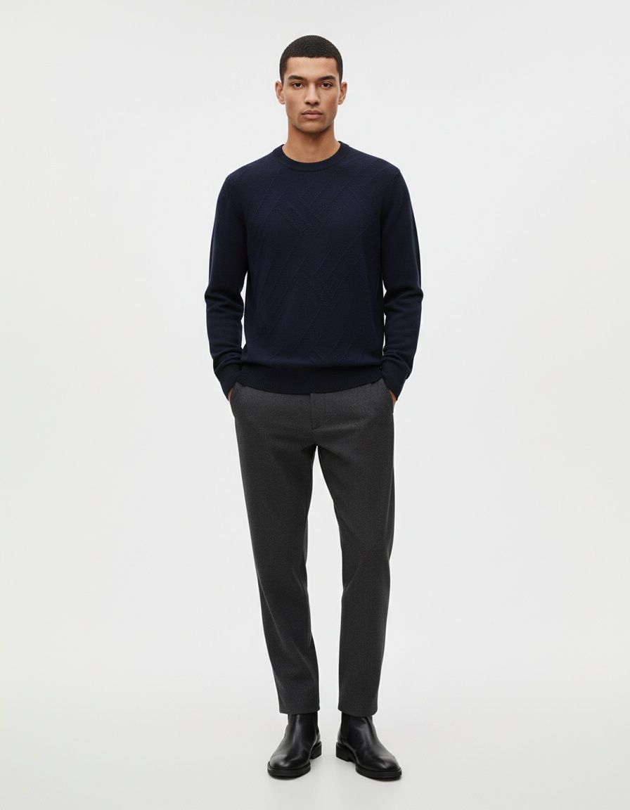 Men's Solid Color Fine Knit Jacquard Sweater Casual Crewneck Top