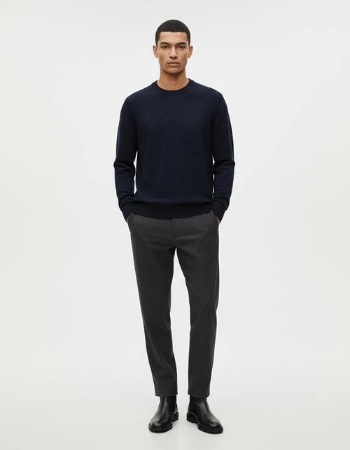 Men's Solid Color Fine Knit Jacquard Sweater Casual Crewneck Top