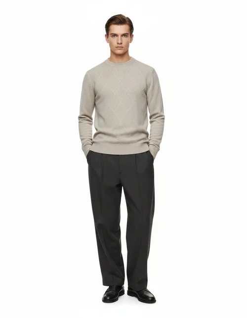 Maglione da uomo a maglia Argyle, maniche lunghe, foderato in pile, caldo pullover