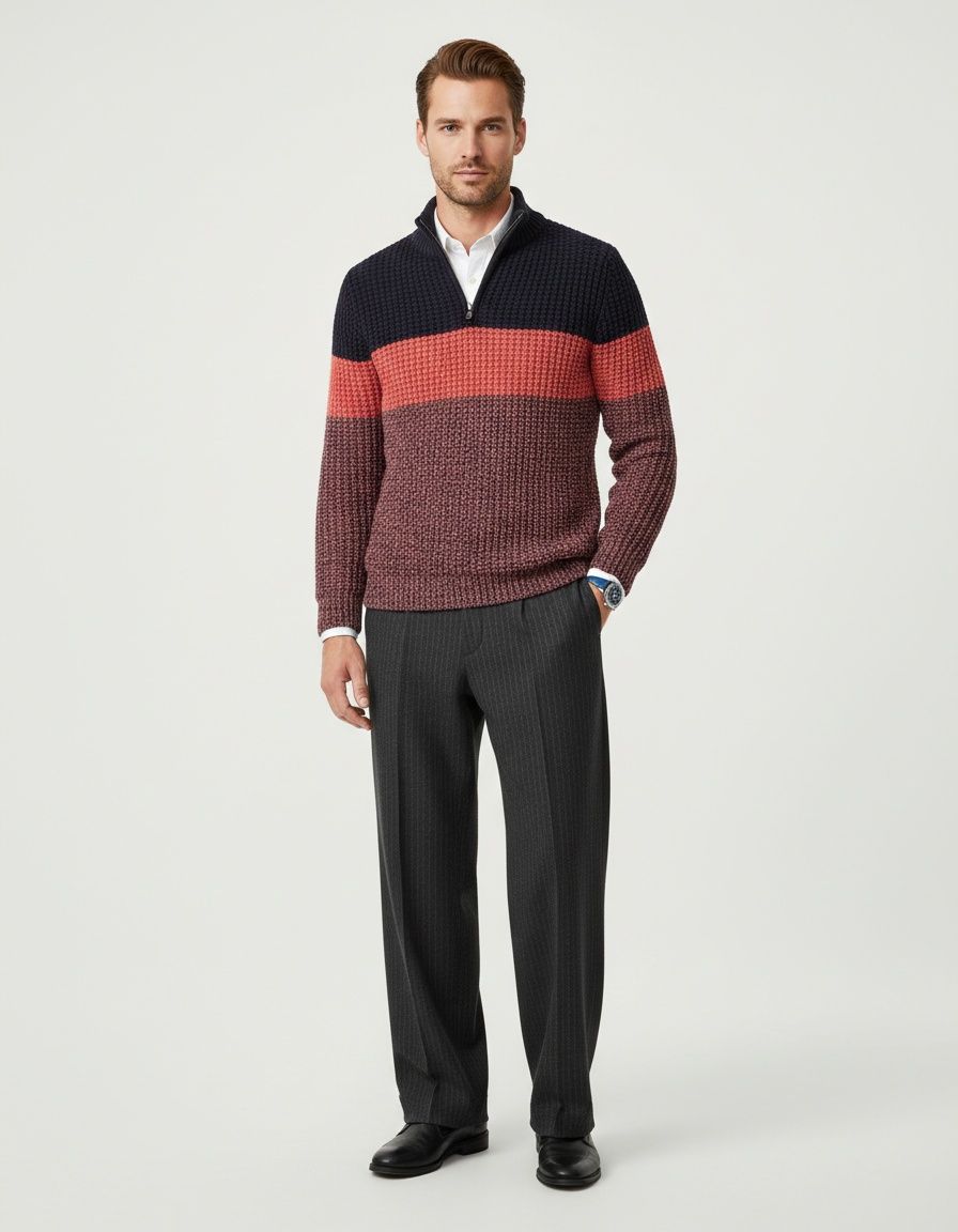 Men's Loose Fit Color Block Zip V-Neck Knit Sweater