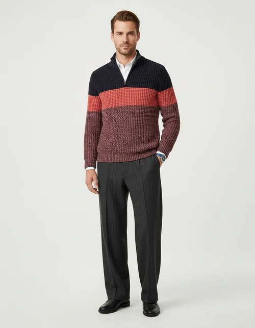 Maglione da uomo a maniche lunghe con scollo a V e zip, a blocchi di colore, vestibilità ampia.