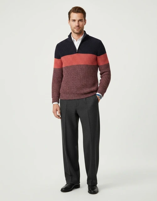 Men's Loose Fit Color Block Zip V-Neck Knit Sweater