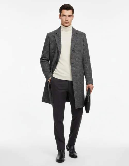 Veste en laine à carreaux pour homme - Trench-coat en laine à une face, coupe ajustée - Blazer d'hiver épais