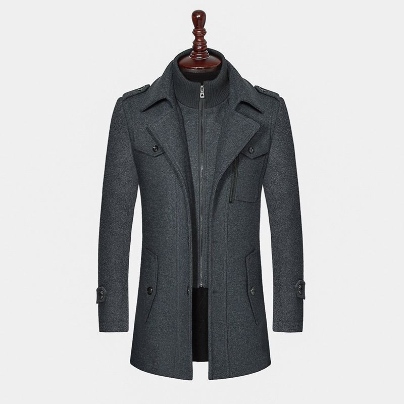 Herren-Trenchcoat aus Wolle mit doppeltem Kragen, normaler Passform und vertikalem Reißverschluss, ideal für Frühling/Herbst.