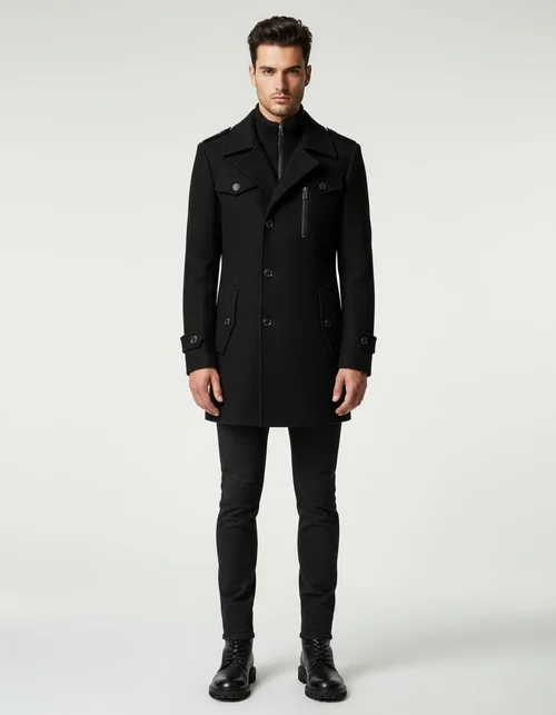 Trench-coat en laine à double col et coupe standard pour homme, collection printemps/automne, fermeture éclair verticale