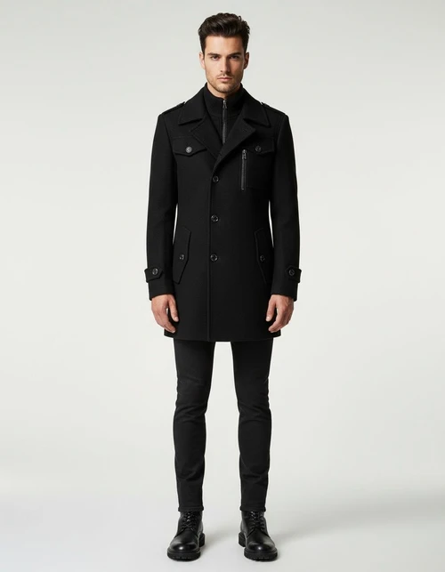 Men's Spring/Autumn Fashion Double Collar Standard Fit Woolen Trench Coat with Vertical Zipper