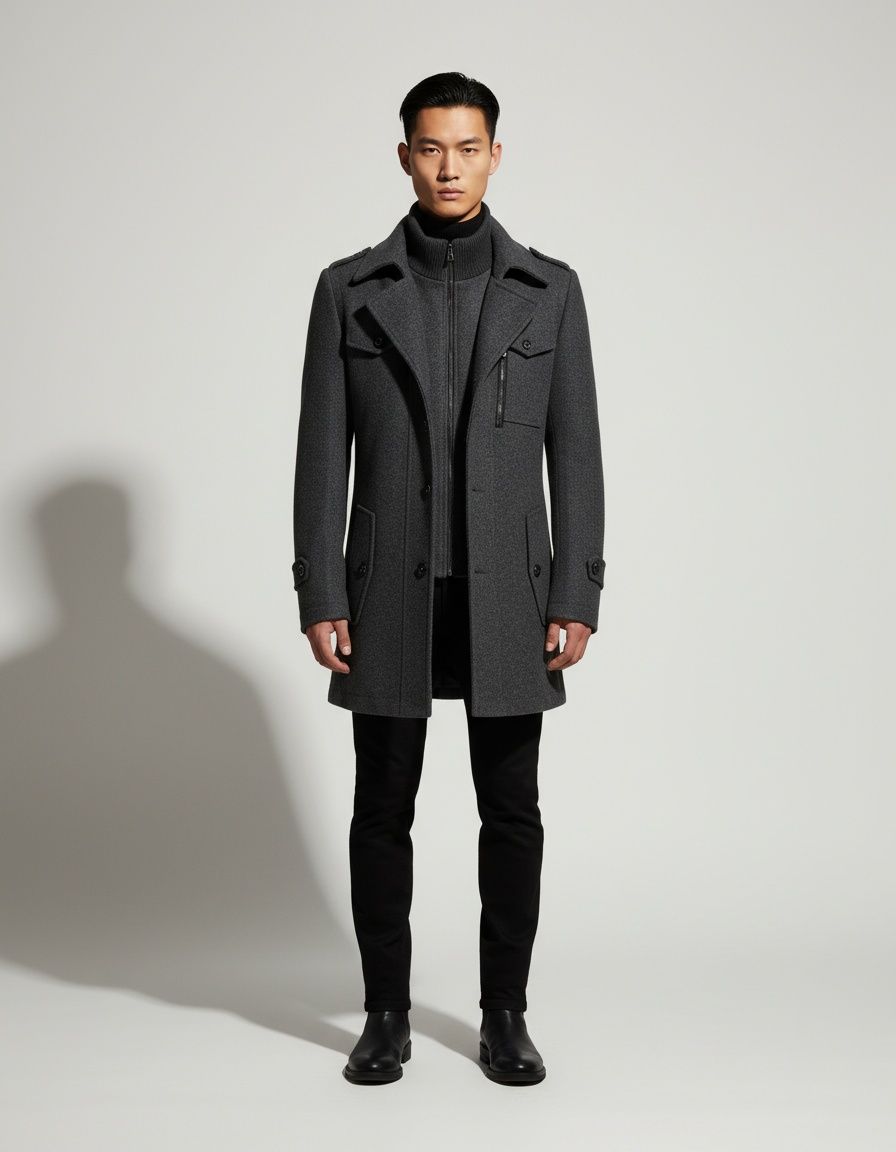 Herren-Trenchcoat aus Wolle mit doppeltem Kragen, normaler Passform und vertikalem Reißverschluss, ideal für Frühling/Herbst.