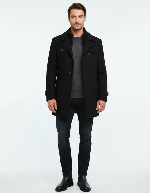 Men's Autumn/Winter New Double Collar Wool Trench Coat - Non-Iron Business Padded Woolen Overcoat with Horizontal Zipper