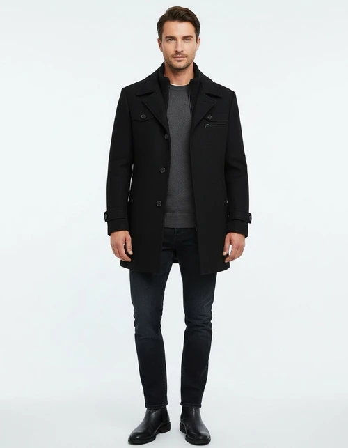 Men's Autumn/Winter New Double Collar Wool Trench Coat - Non-Iron Business Padded Woolen Overcoat with Horizontal Zipper
