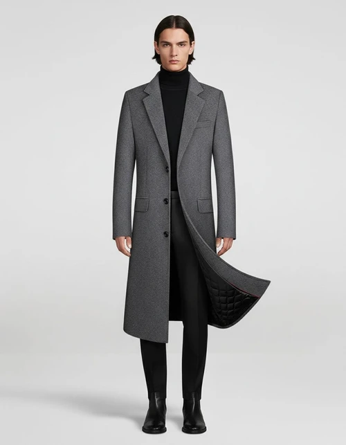 Men's Autumn/Winter Padded Wool Trench Coat - Long Knee-Length