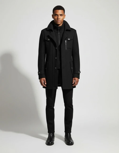 Men's Double Collar Trench Coat - Standard Fit with Vertical Zipper