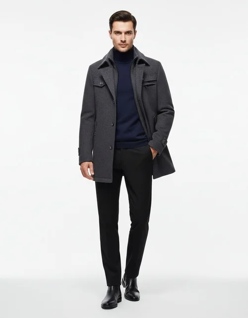 Trench da uomo in lana con doppio colletto - Cappotto imbottito in lana antipiega con cerniera orizzontale, ideale per il lavoro.