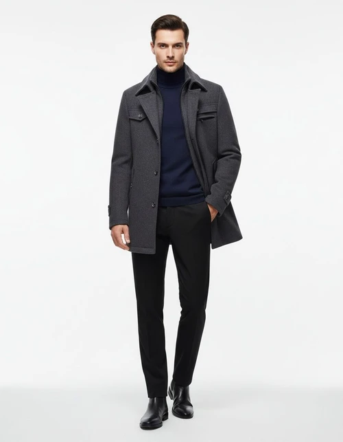 Men's Double Collar Wool Trench Coat - Non-Iron Business Padded Woolen Overcoat with Horizontal Zipper