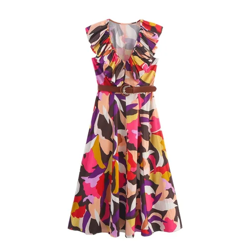 Vestido midi de popelina estampado - Estilo europeo versátil KUN-00016