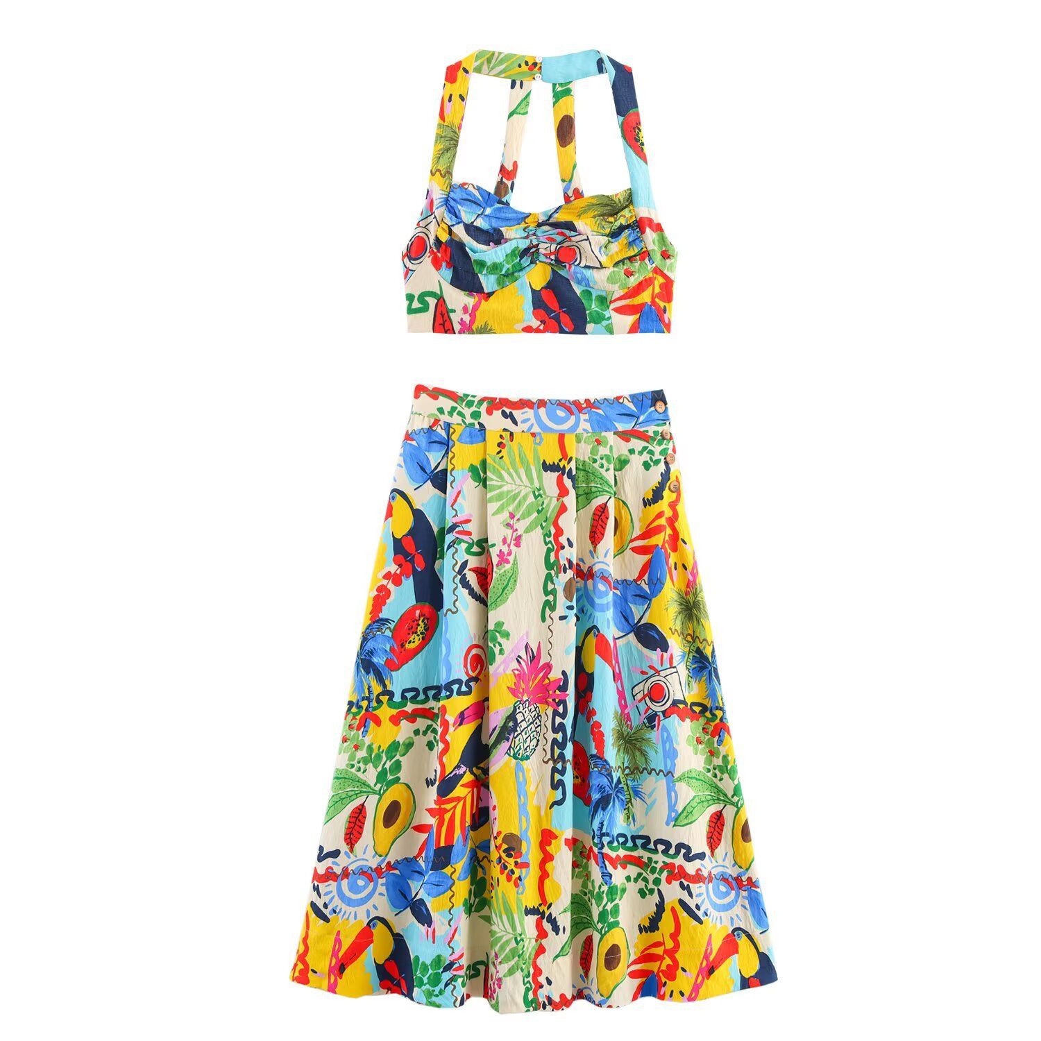 Print Crop Top & Tropical Midi Skirt Set KUN-00085