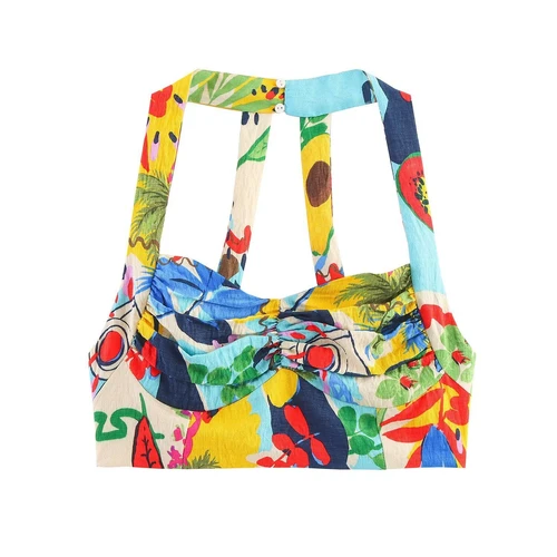Conjunto de top corto estampado y falda midi tropical KUN-00085