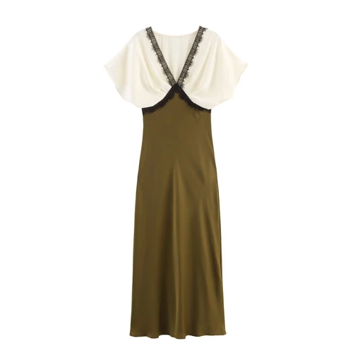 Inspired Satin Midi Dress with Contrast Lace Trim KUN-00024