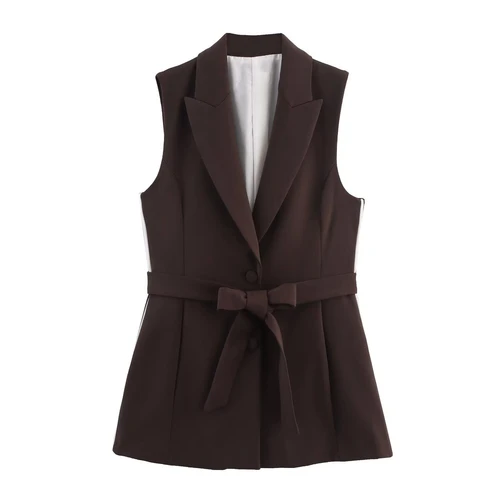 Conjunto de chaleco a rayas y pantalón recto para mujer KUN-00043