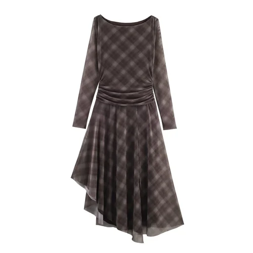 Plaid Mesh Dress Elegant Fashion KUN-00002
