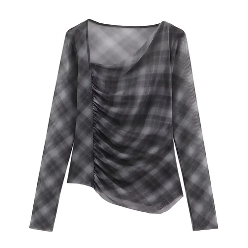 Completo composto da top e gonna in rete di seta a quadri - Stile europeo KUN-00062